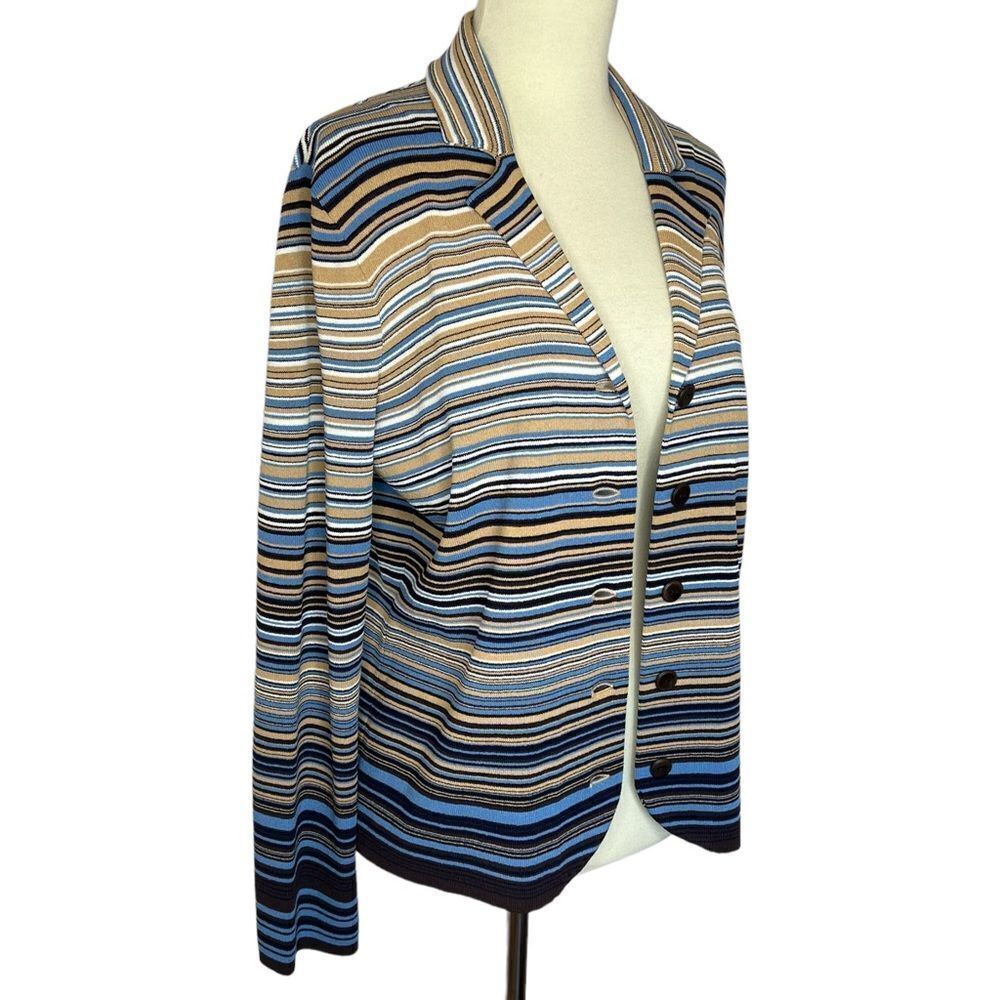 Vintage Jones New York Cardigan Sweater Button Front Size M Striped Blues Tan - Picture 2 of 10